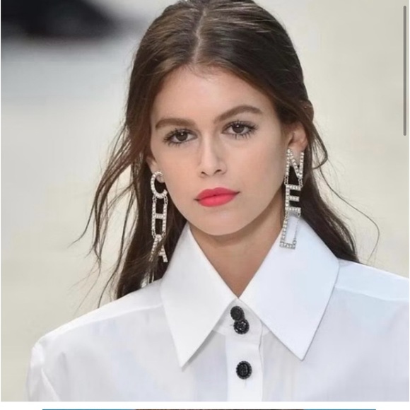 Crystal Cha-Nel Logo Drop Earrings Gold - Picture 7 of 7